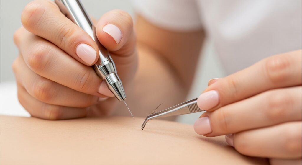 ニードル脱毛または美容電気脱毛で施術をしている様子